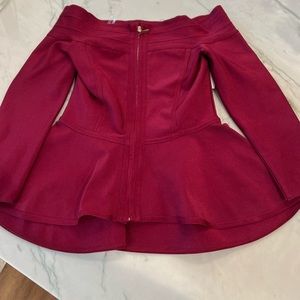 Akira fitted zipper front off the shoulder top Sz Med color wine